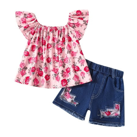 

BSDHBS Summer Clothes Toddler Girls Fly Sleeve Floral Prints Tops and Jeans Shorts Two Piece Casual Suit Outfits