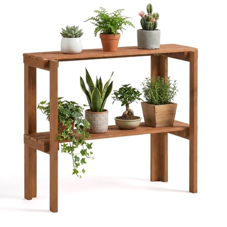 Costway Folding Wooden Storage Shelves, 2-Tier Plant Stand Indoor Outdoor for Entryway
