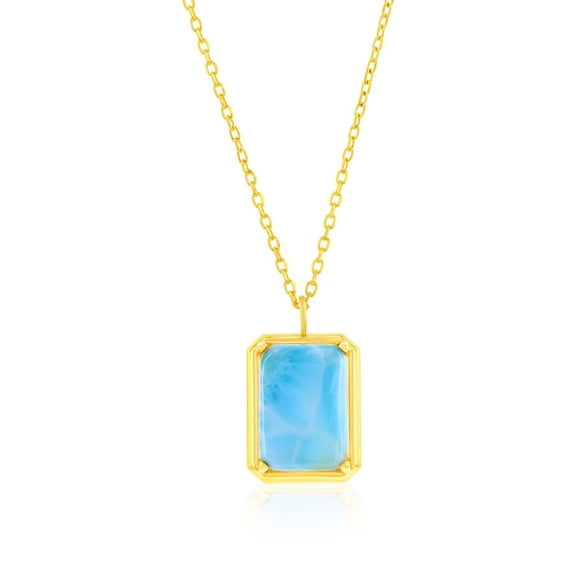 Beaux Bijoux Sterling Silver 14K Gold Plated Natural Larimar Necklace - Natural Gemstone Jewelry - Rectangle Larimar 18" Pendant Necklace