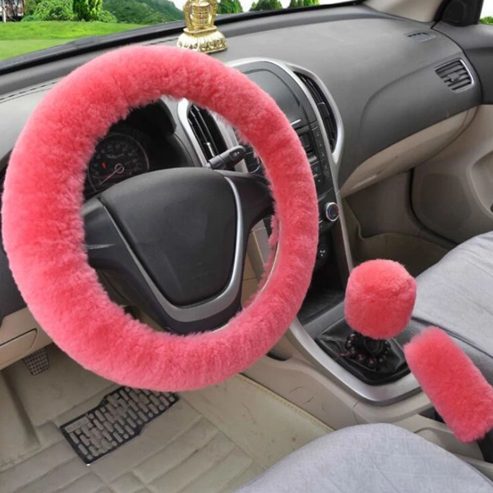 3pcs Plush Car Steering Wheel Covers Winter Faux Wool Hand Brake & Gear Cover Set Car Seat Cover Interior Accessories-38cm Rainbow for Automatic 