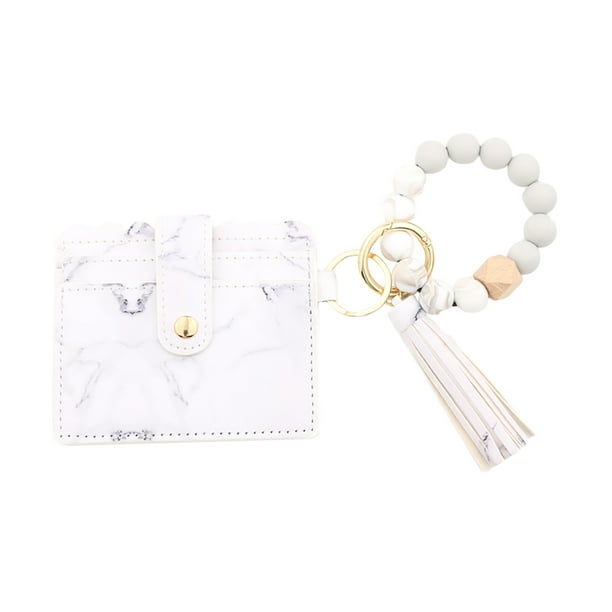 Cartera con tarjetero, cartera de pulsera, monedero, monedero de bolsillo para mujer, monedero, llavero con borla de cuentas blancas, llavero tipo brazalete, billetera con broche, regalo para mujer.