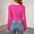thumbnail image 4 of TKLPEHG Women V Neck Long Sleeve Top, Slim Fit Crop Shirt , Solid Color Casual Dressy Blouse with Ruffled Hem (Hot Pink,L), 4 of 7