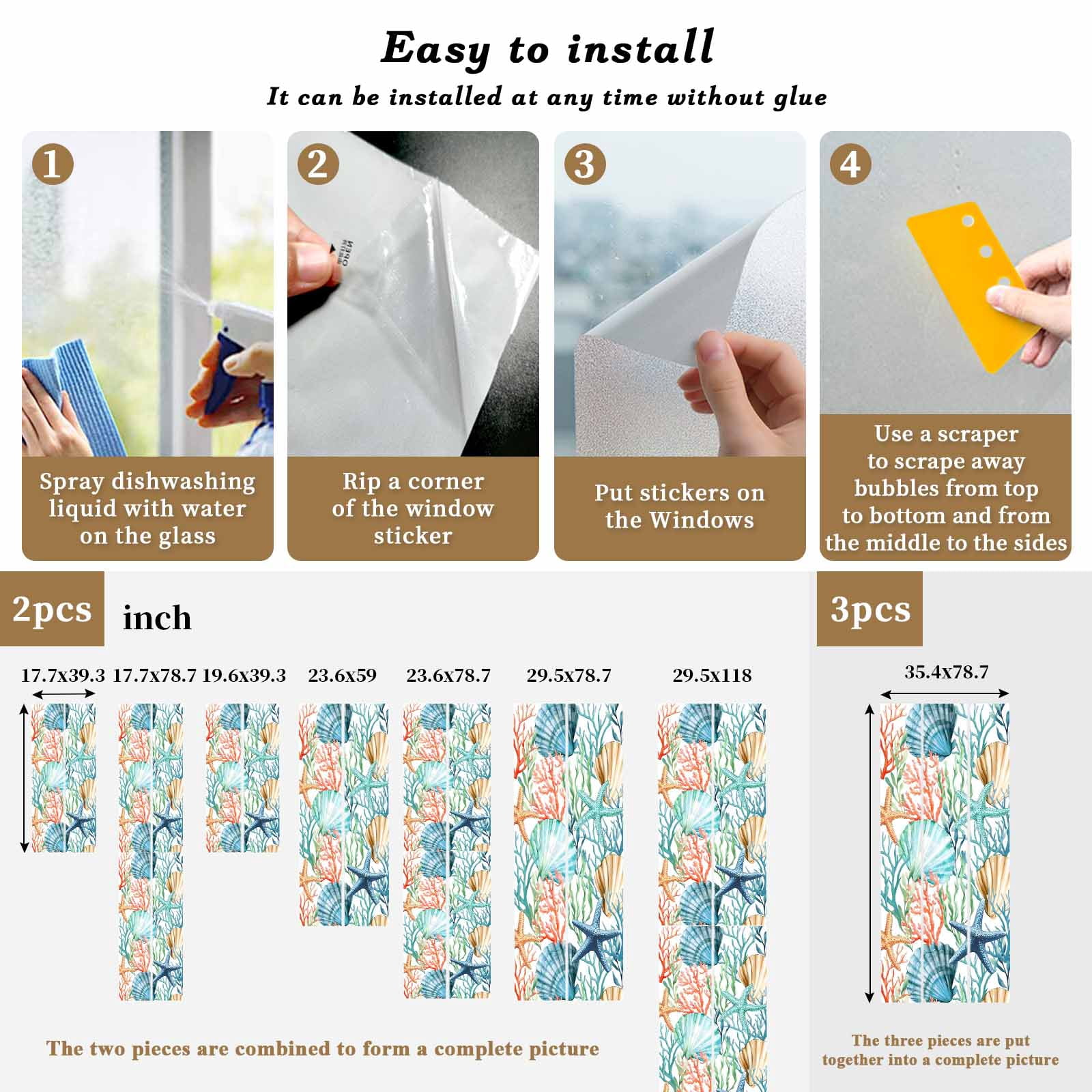 Shell Starfish Window Privacy Film, Summer Green Orange Seaweed Nautical Frosted Glass Window Clings Static Cling UV Heat Blocking Reusable Door Sticker for Bathroom 29.5 x 118 Inch