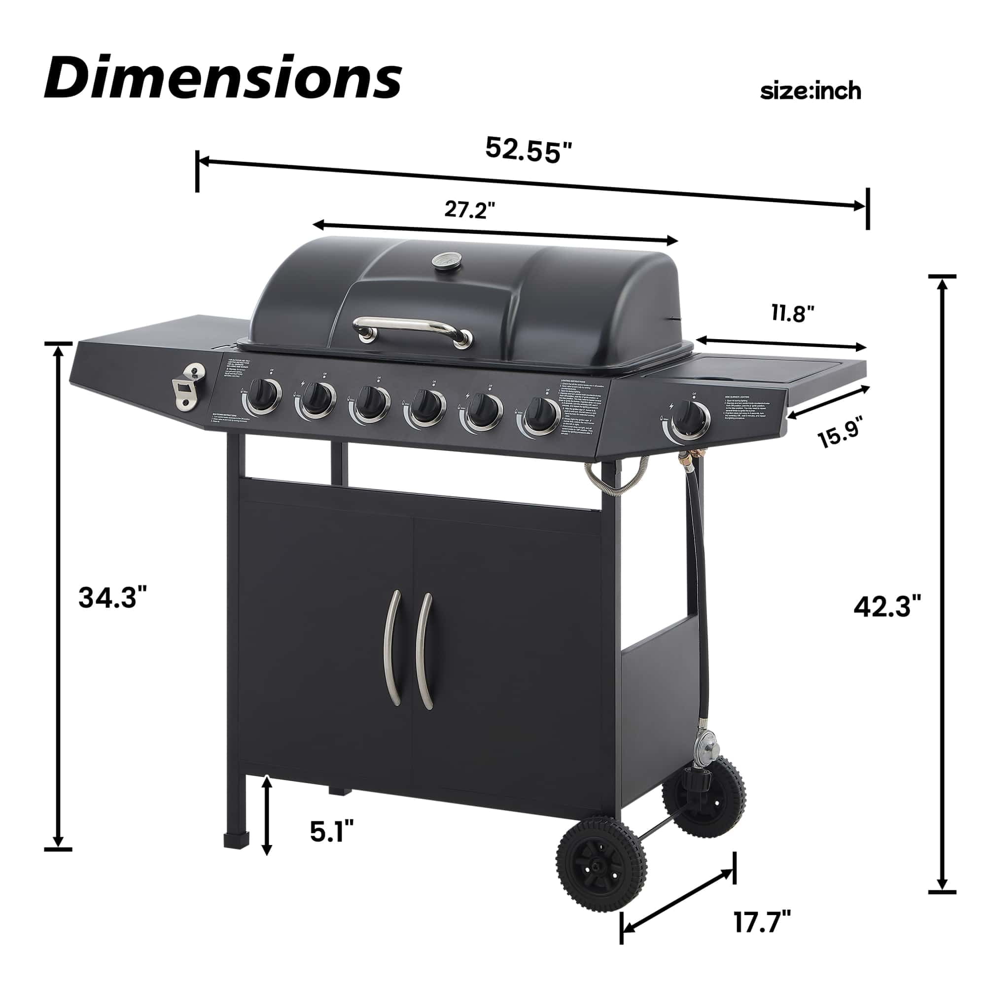 6 Burner BBQ Propane Gas Grill with Side Burner, 59000 BTU Stainless Steel Outdoor Grill, 576 sq in Cooking Area with Enamel Grates & Side Tables, Black