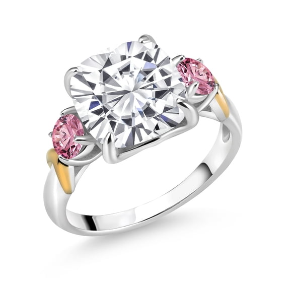 Gem Stone King 925 Silver and 10K Yellow Gold White Moissanite and Pink Lab Grown Diamond 3 Stone Ring for Women (5.50 Cttw, Gemstone Birthstone, Cushion 10MM, Round 4MM, Size 9)