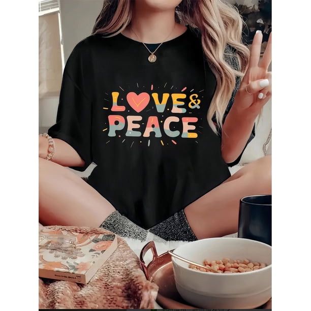 Women's "LOVE & PEACE" Colorful Graphic Tee - Casual Round Neck Short Sleeve, Comfortable Polyester-Spandex Blend, Machine Washable Summer Top