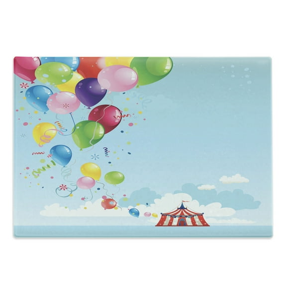 Circus Cutting Board, Circus Tent and Balloons Clouds Horizon Skyline Fantasy Party Fun Entertainment, Decorative Tempered Glass Cutting and Serving Board, Large Size, Multicolor, by Ambesonne