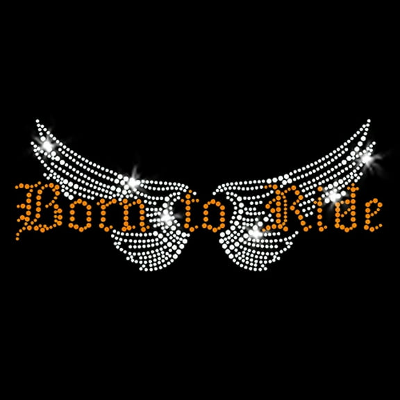 Born to Ride Biker Motorcycle Angel Wings Cowgirl Iron-on Gold Rhinestuds Clear Rhinestone Crystals Sparkly Heat Transfer by JCS Rhinestones