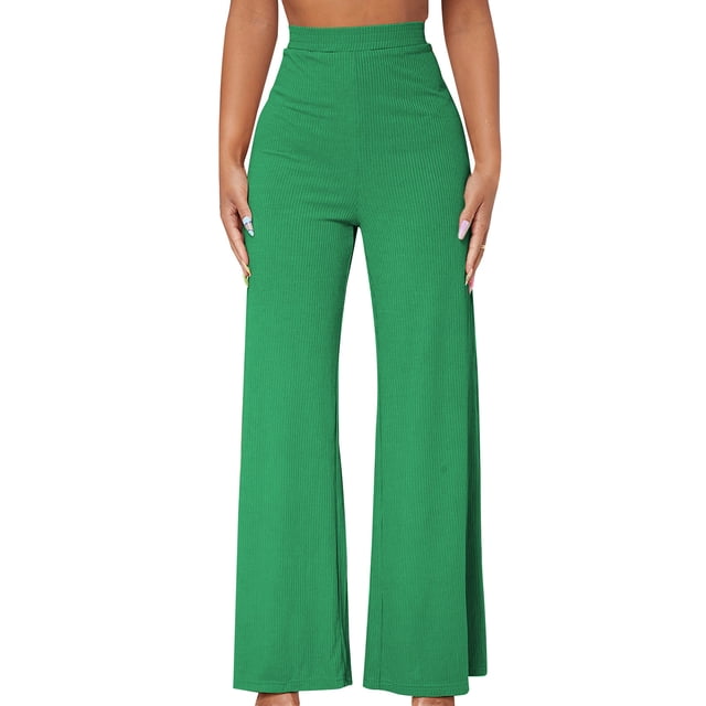 RXIRUCGD Ladies' Casual Elastic High Waisted Temperament Wide Leg Pants, Green, Size: M