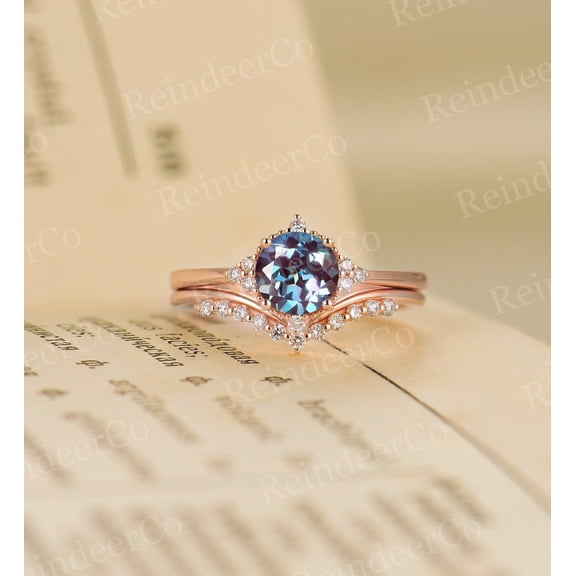 Lab Alexandrite engagement ring set Rose gold Plated anniversary ring vintage Couple Ring Gift For Love