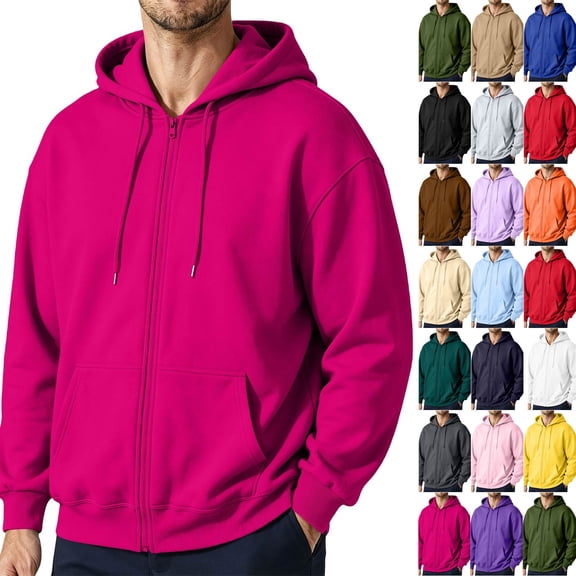 Men Full Zip Up Hoodie Sweatshirt Long Sleeve Drawstring Hood With Kangaroo Pocket Soft Fleece Casual Workout Streetwear Hooded Jacket Tops Hot Pink XL