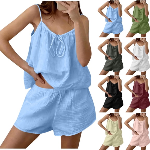 Hrsba Women's Solid Color Cotton Linen Feel Cami Top and Elastic Waist Shorts Pajama Set 2 Piece Cozy Home Wear