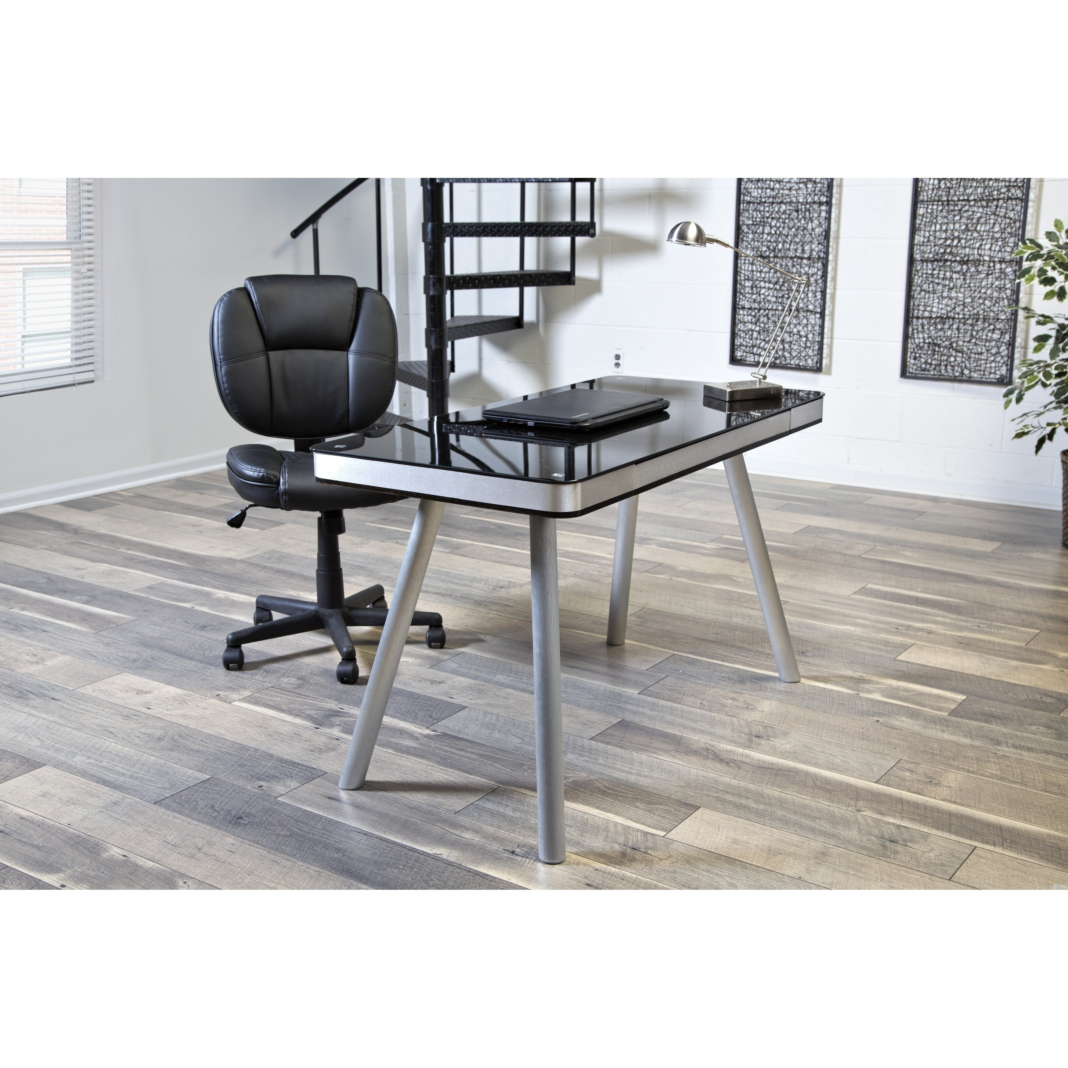 OneSpace 50JN1405 Black Glass Writing Desk Brushed Aluminum Frame