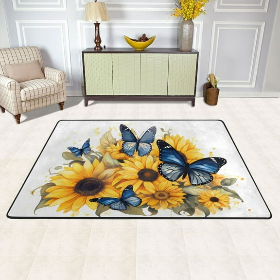 Area Floor Mats Blue Butterflies in Sunflowers Large Nursery Rugs Non-Slip Living Room Carpets Bedroom Doormat for Dinning Decor 36" x 24"
