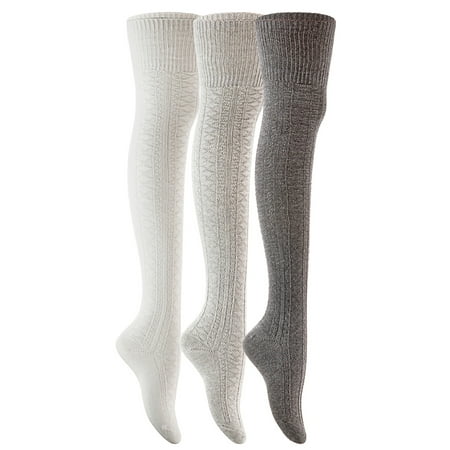Lian LifeStyle Women's 3 Pairs Fashion Thigh High Cotton Socks JMYP1025-03 Size 6-9(Dark Grey, Grey, Cream