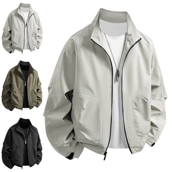 Zysthvn Outdoor Light Jackets for Men Casual Fall Zip up Mens Outerwear with Pockets Stand Collar Long Sleeve Solid Plus Size