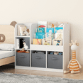 thumbnail image 2 of PORKISS Bookshelf for Kids, Wooden Kids Bookcase with 3 Collapsible Fabric Drawers, Modern Bookcase Display Stand, Freestanding Toy Organizer for Children's Room, Playroom, Hallway, White/Gray, 2 of 11