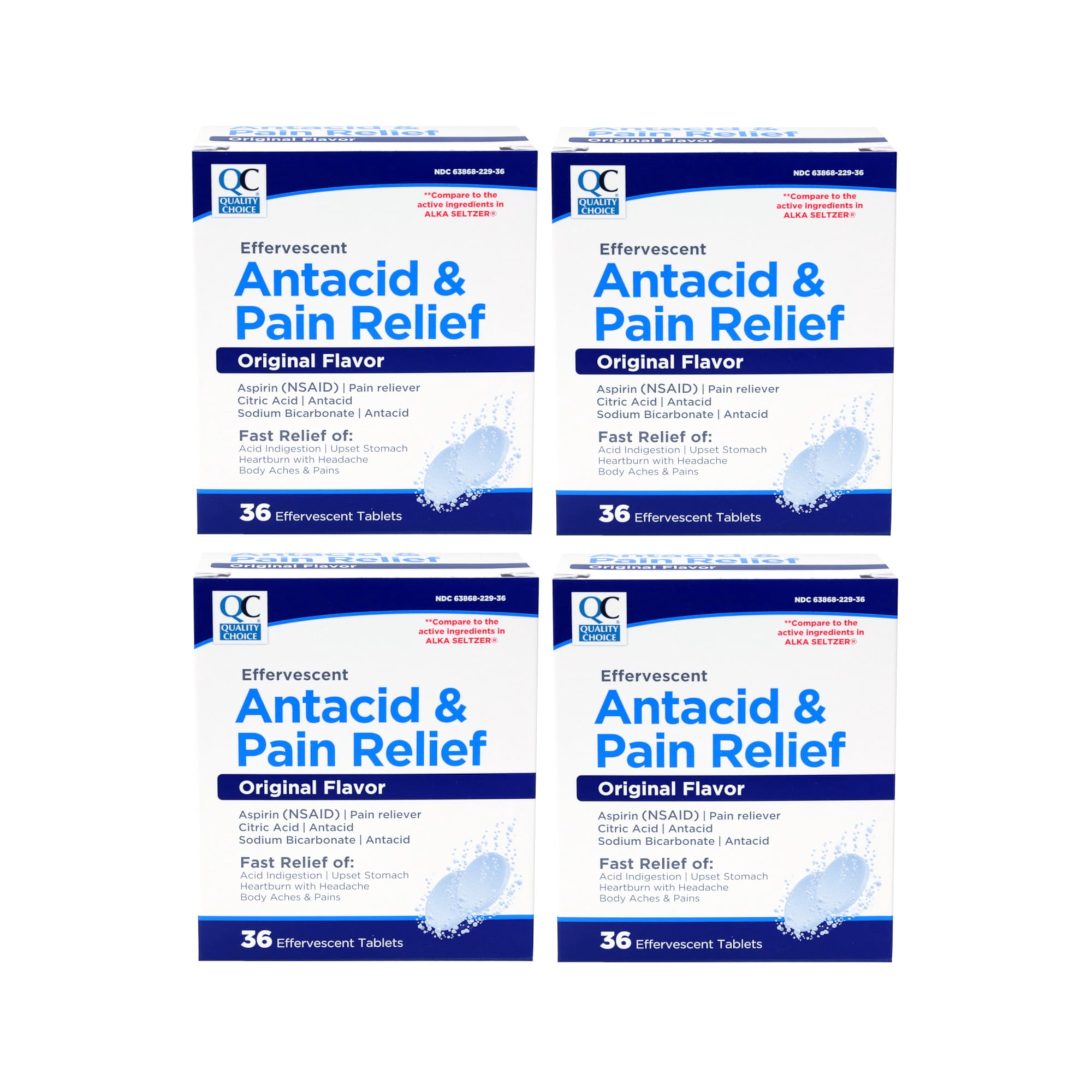 4 Pack Quality Choice Effervescent Pain Relief Antacid Tablets 36 Count Each