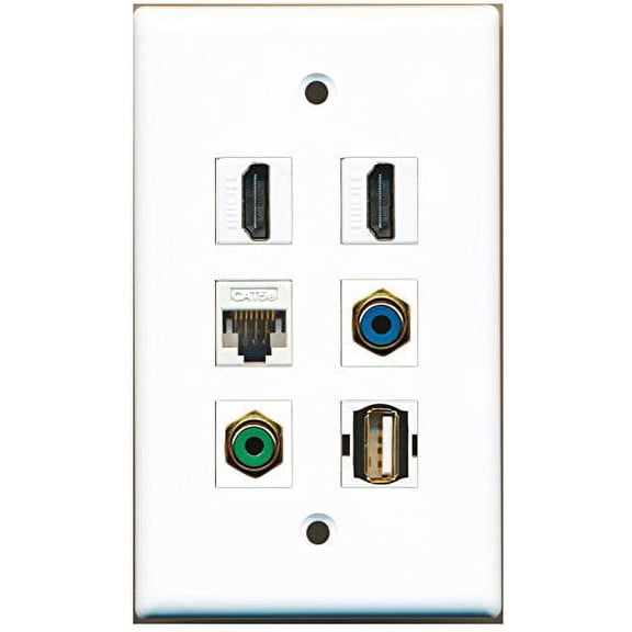 RiteAV - 2 HDMI 1 Port RCA Green 1 Port RCA Blue 1 Port USB A-A 1 Port Cat5e Ethernet White Wall Plate