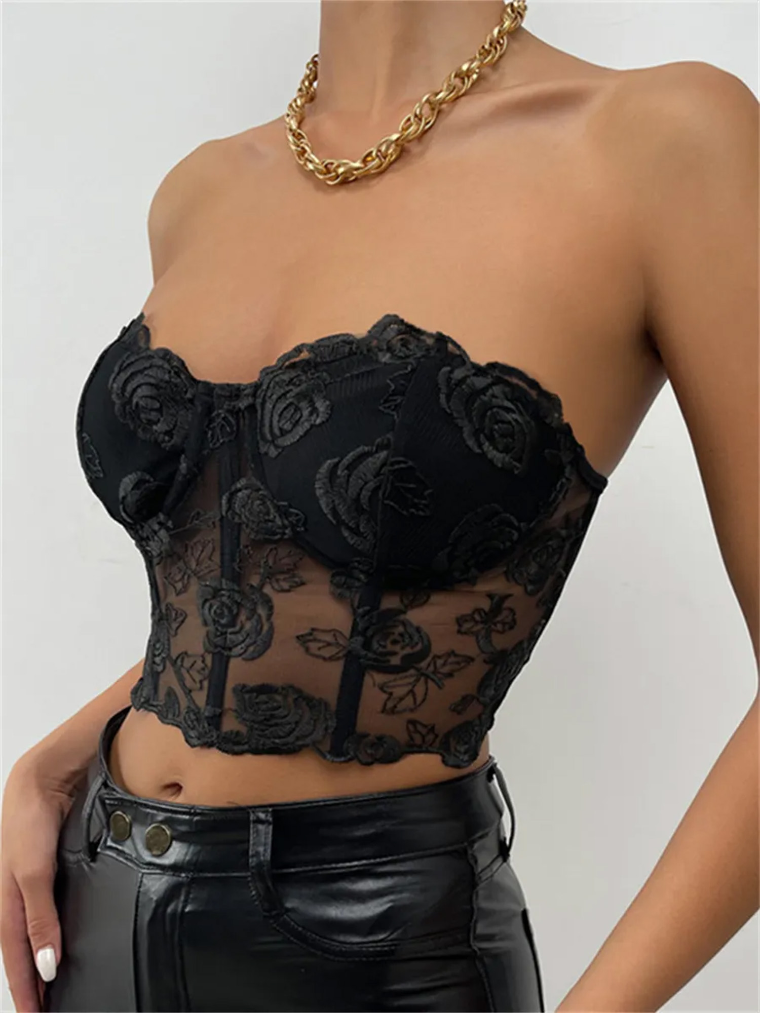Women's Lace Corset Top Strapless Backless Floral Lace Mesh Bustier Vintage  Flower Embroidery Tops Party Club Streetwear 