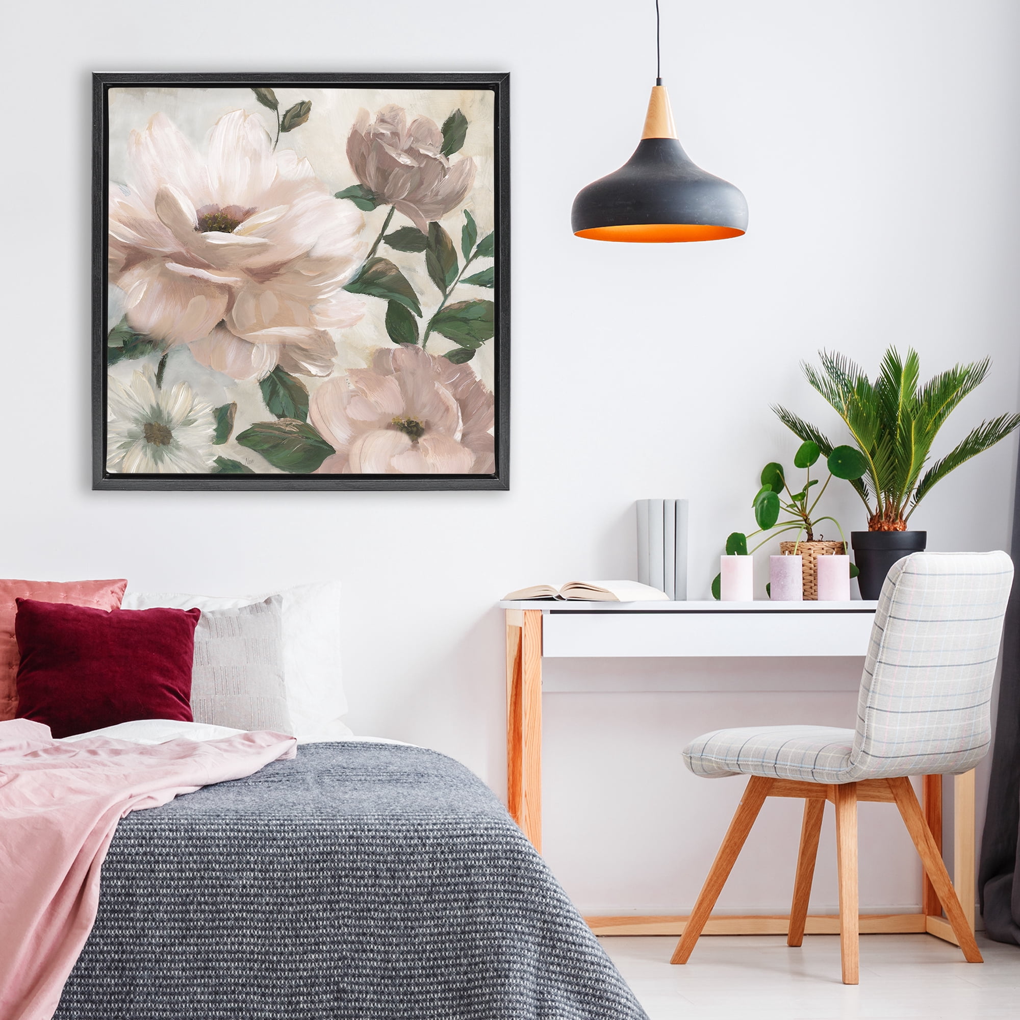 Stupell Industries Budding Blush Peonies & Leaves Black Framed Floater Canvas Wall Art, design by Nan