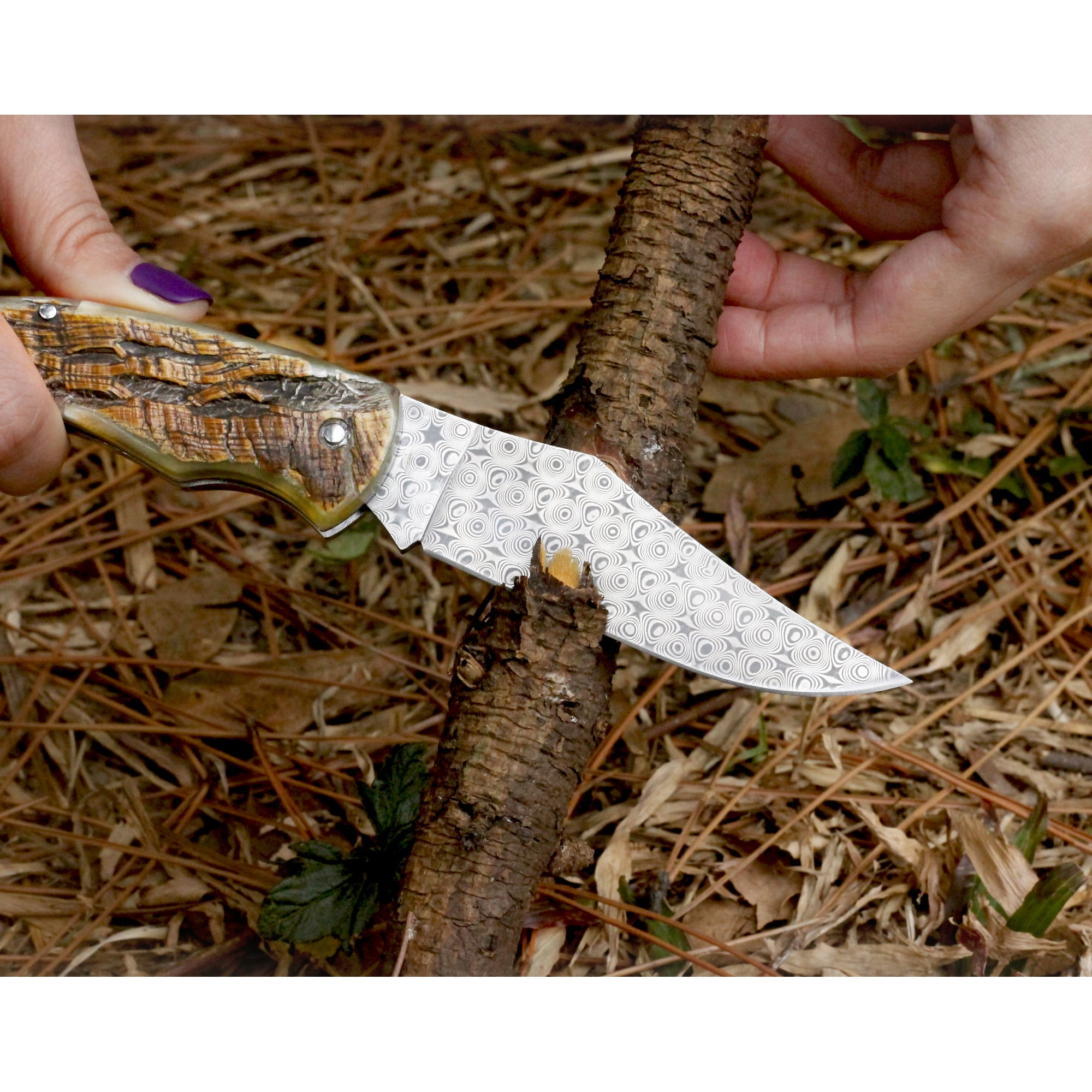 YOUSUNLONG Damascus Steel Folding Knife 205mm Japanese Hunting Pocket Knife with Antelope Horn Handle