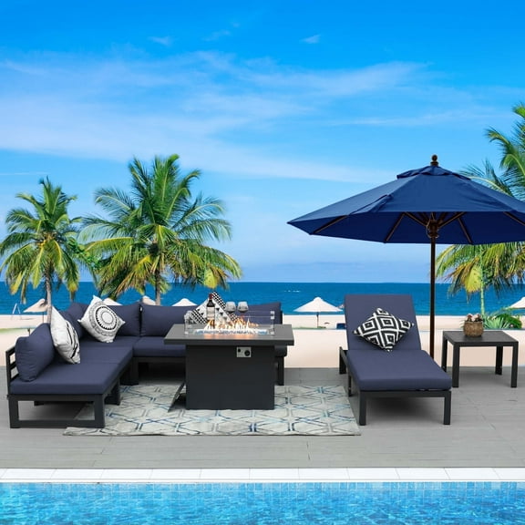 RADIATA 8 Pieces Aluminum Outdoor Patio Sectional Furniture Sofa Set with Fire Pit Table Large Size Luxury Comfortable Durable Water/UV-Resistant Garden Porch Backyard Party (Denim Blue Cushion)