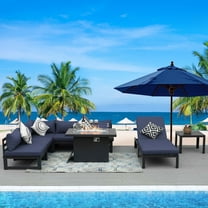 RADIATA 8 Pieces Aluminum Outdoor Patio Sectional Furniture Sofa Set with Fire Pit Table Large Size Luxury Comfortable Durable Water/UV-Resistant Garden Porch Backyard Party (Denim Blue Cushion)