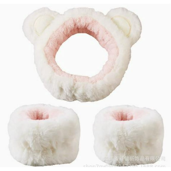 LOLIPPYY 1Set Adjustable Plush Bear Ears Headband and Wristband Waterproof for Bath and Skincare
