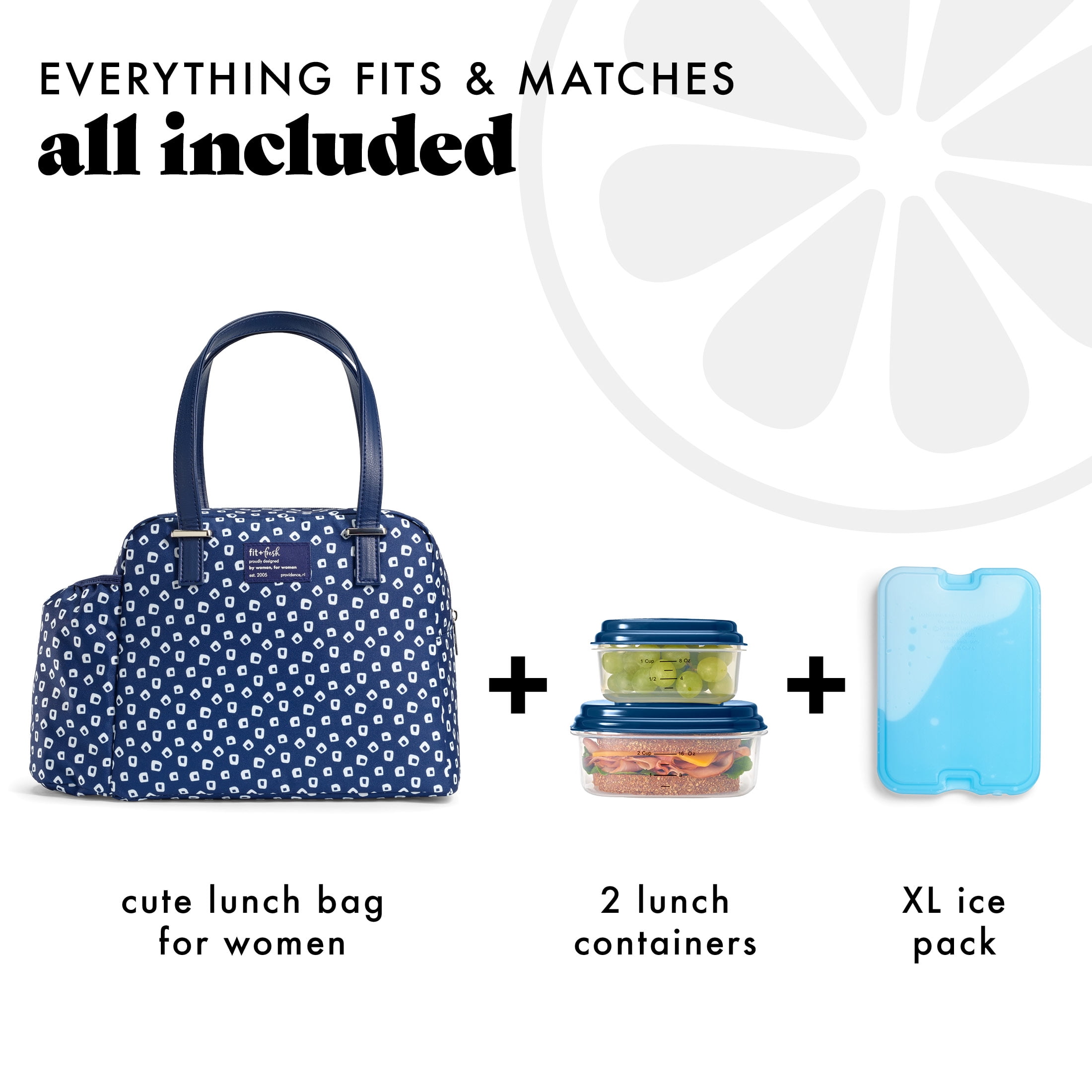 Fit & Fresh Laketown Women's Lunch Bag, Large Insulated Tote Bag, Includes 2 BPA free Containers and 1 XL Slim Ice, Navy Dot