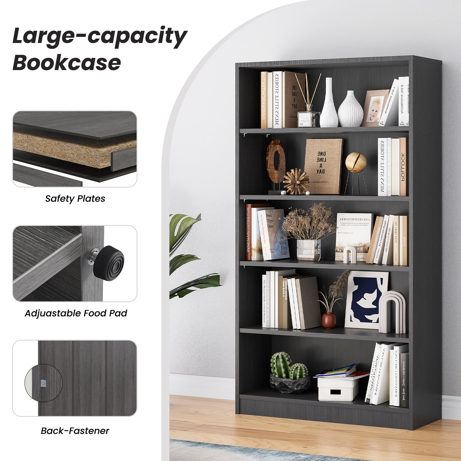 STARY 5 Tiers Bookcase, Wooden Bookcase with Adjustable Shelves for Home, Office, Grey