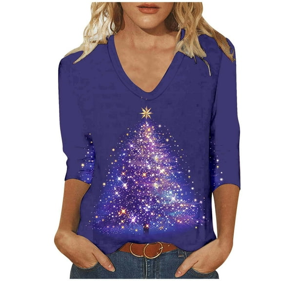 asdoklhq Christmas Plus Size Sweaters for Women Ladies' Christmas Fashion Casual Printed V-neck Quarter Sleeve Top Purple 2X