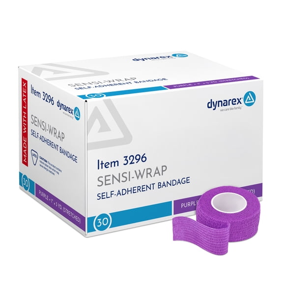 Dynarex Sensi-Wrap Self-Adhesive Bandages, 30-Pack, 1" x 5 yards, Purple, Latex, Colored Elastic Cohesive Athletic Tape, Tattoo Grip & Vet Wrap