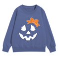 thumbnail image 2 of UACY Toddler Girls Halloween Crewneck Sweatshirt, Pumpkin Face Bow Fleece Pullover, Long Sleeve Soft Fall Tops for Kids Holiday Party Wear (Navy, 5-6 Years), 2 of 7