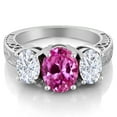 thumbnail image 2 of Gem Stone King 925 Sterling Silver Oval Pink Created Sapphire and Moissanite 3 Stone Ring for Women (2.80 Cttw, Size 8), 2 of 3