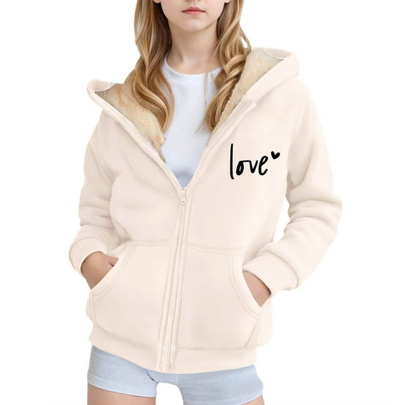 Glisme Girls Winter Jacket Hooded Thermal Jacket With Prints Zip Up Cozy Coat For Active Play And Casual Outings Beige Practical Outerwear Size 4-5 Years