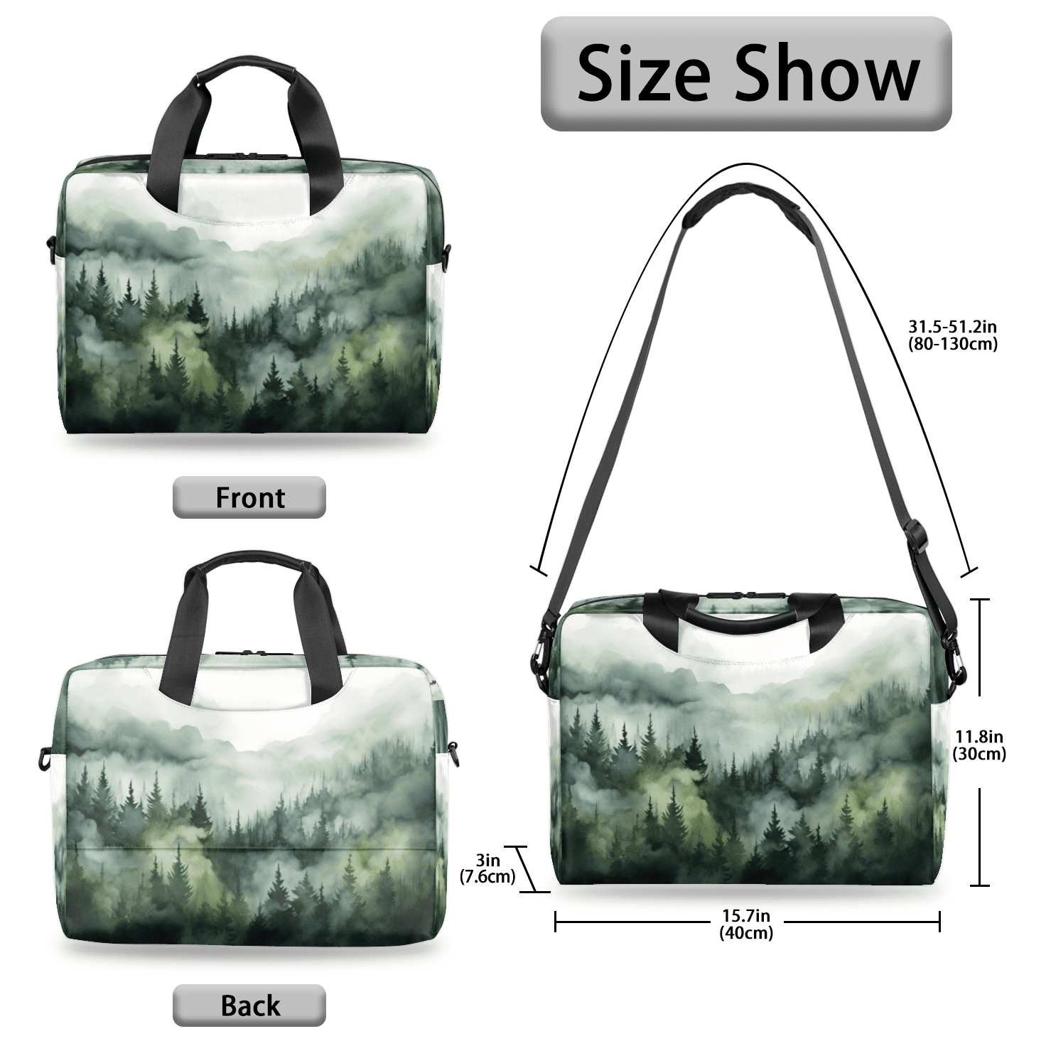 Herdesigns Green Misty Forest Laptop Bag for Women Men, Computer Case Briefcase Messenger Bags, 15-15.6 inch Laptop Sleeve Shoulder Bag