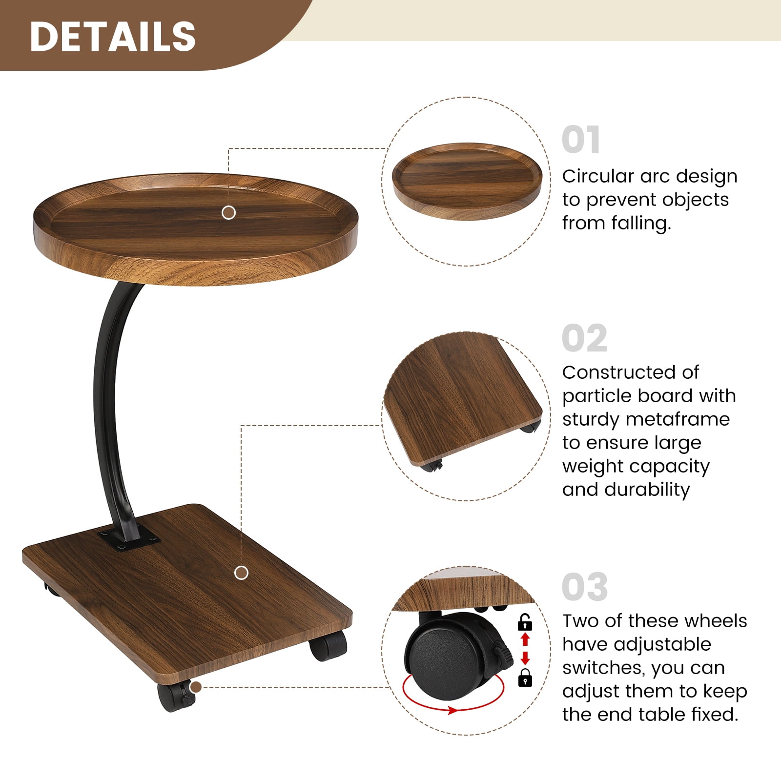 C Shaped Side End Table - with Rolling Wheels, Walnut Finish Movable Round Tea Table for Couch, Bed, Sofa Side