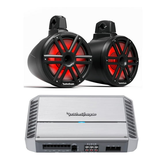 Rockford Fosgate 1 Pair M2WL-10HB 10-Inch Black Color Optix™ 2-Way Horn Loaded Tower Speakers with PM600X4 4 Channel Marine Amplifier