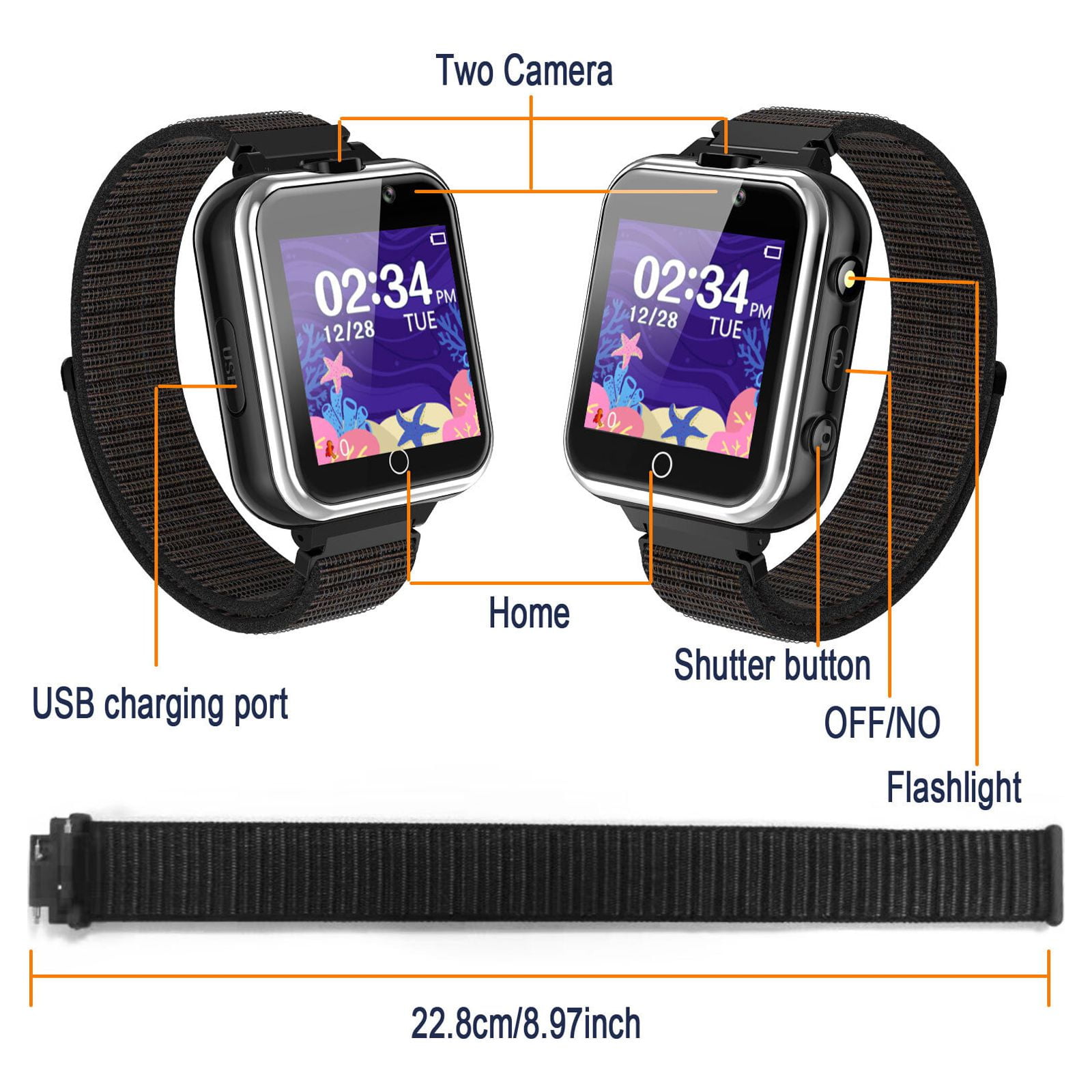 PTHTECHUS Kids Smartwatch Dual Camera Games Pedometer 1.54mm Black Plastic Case with Black Band