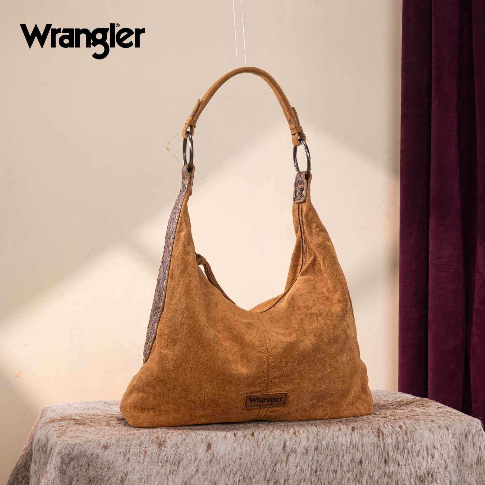 Wrangler Suede Hobo Purse for Women Embossed Soft Slouchy Shoulder Bag 2Pcs Set, Brown