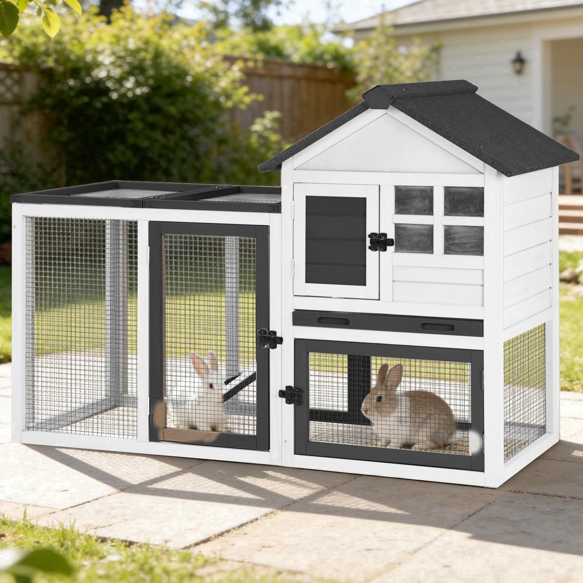 Aivituvin Rabbit Hutch Outdoor Rabbit Cage Indoor 51.6" L Waterproof Bunny Cage with Chew-Proof Ramp and Lockable Doors for Indoor Outdoor Use Black and White
