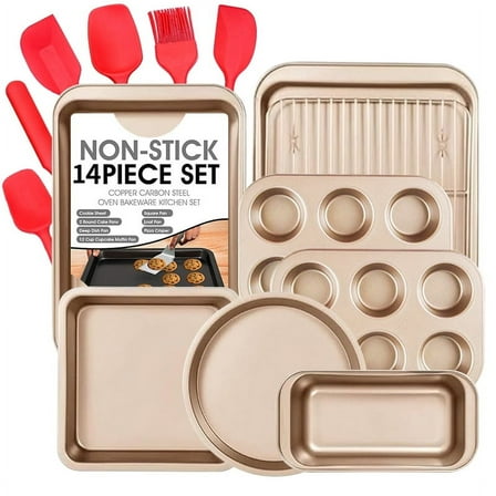 CHEF LANG 14 Piece Baking Pans Set,Non Stick Bakeware,Carbon Steel Sheet Set for Kitchen Roasting Cookie Cake Pizza Muffin - Gold