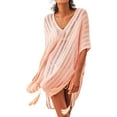 thumbnail image 1 of Women's Striped Reversible Bottom Lace Up Bikini Pink Crochet V Neck Drawstring Cover Up, 1 of 8