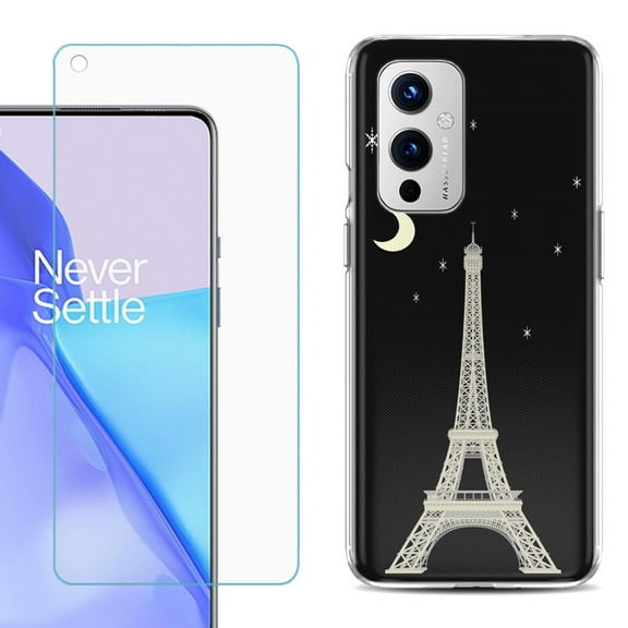 Slim-Fit TPU Phone Case Compatible with OnePlus 9 5G, with Tempered Glass Screen Protector, by OneToughShield ® - Eiffel Tower Moon