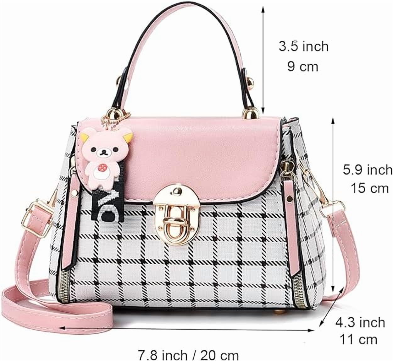 VONGEM Women's Pink Plaid Crossbody Bag with Bear Pendant photo 4