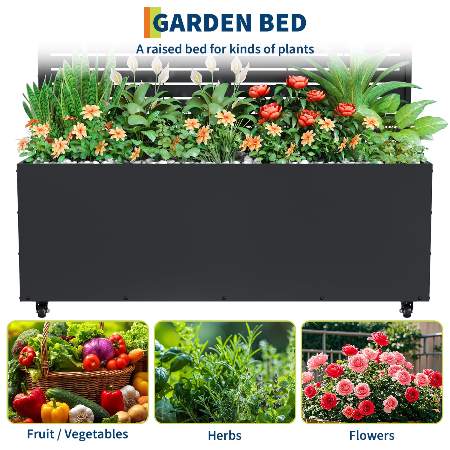 Ataucjin 16" Deep Planting Bed with Drainage Holes,Metal Planter Box with Trellis, Raised Garden Bed with Wheels, Deep Privacy Screen for Climbing Plants,47"X16"X71"