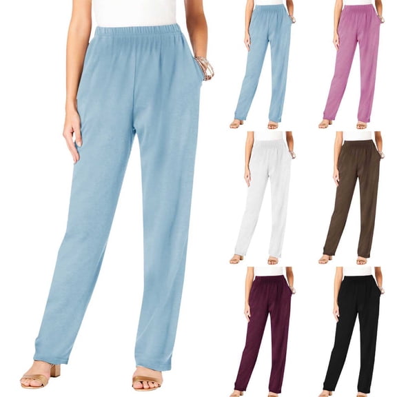 Teyfeniy Blue Fleece Pants for Women Elastic Waist Straight Leg with Pockets Solid Color Pants Soft Comfy Casual Warm Pants