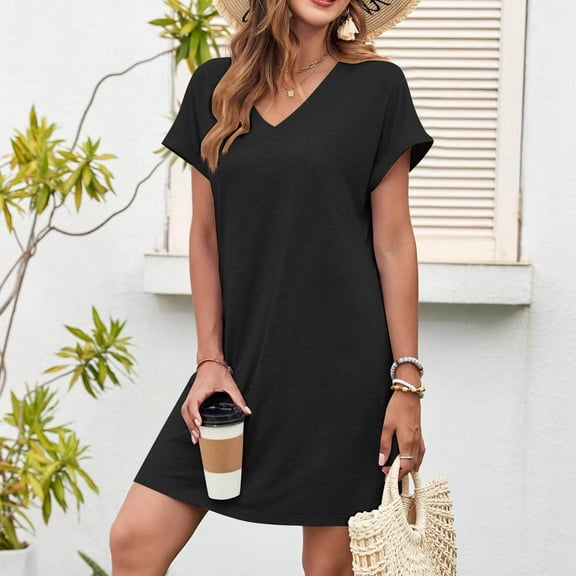 Sevevn Women Fashion V-Neck Pockets Button Dress Solid Short Sleeve Dress Family Gifts Black L