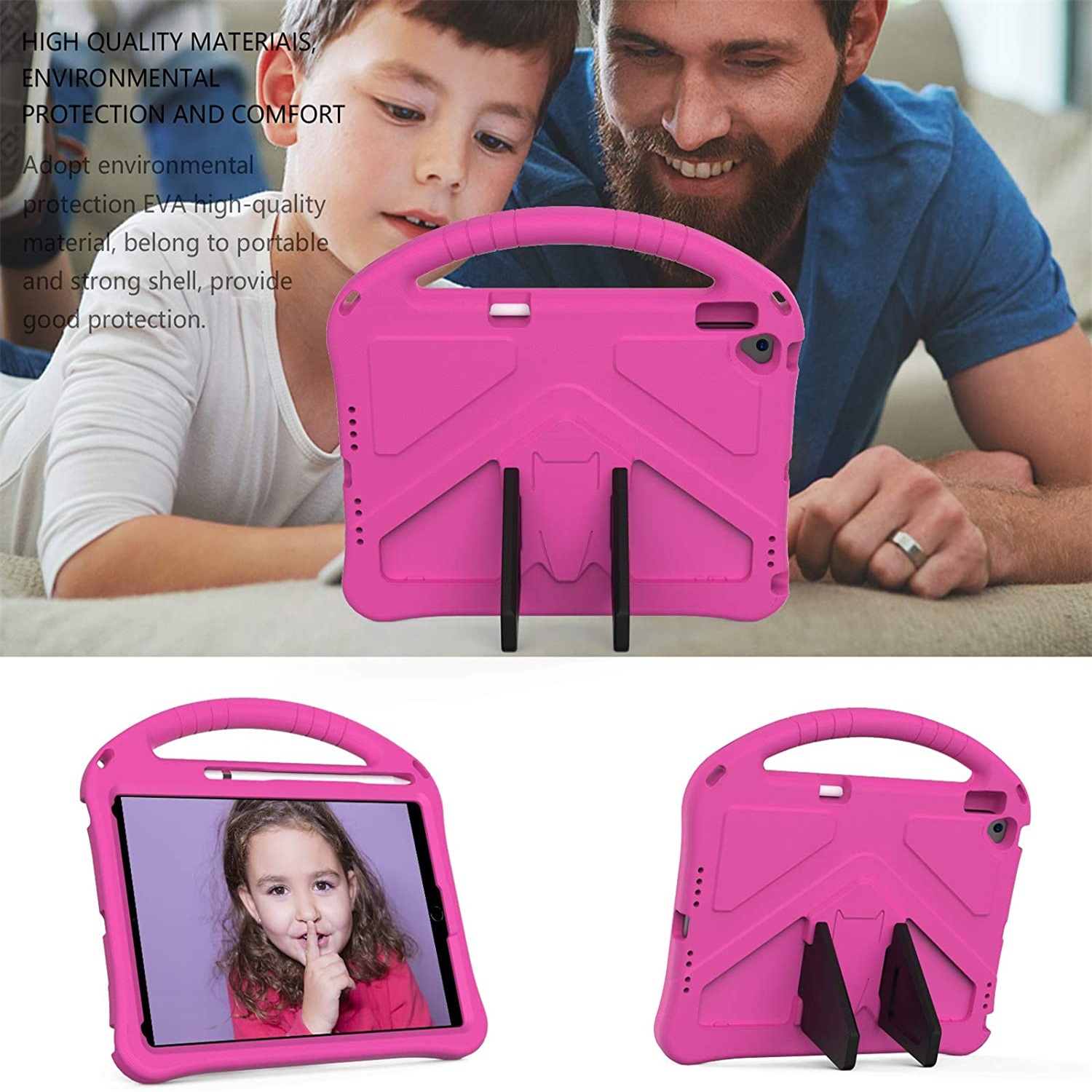 SaniMore Kids Case for iPad 10.2 2021/2020/2019, iPad 9th/8th/7th Generation Case with Pencil Holder & Screen Protector, Shock Proof Light Weight Convertible Handle Stand Kids Shell Case, Rose